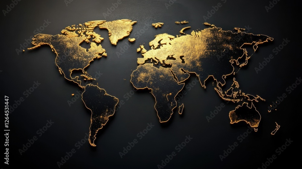 Poster golden highlighted continents on earth with dark background generative ai image