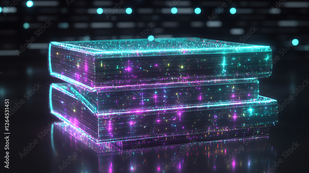 Poster luminous stack of books with digital glow and futuristic data display abstract concept design art