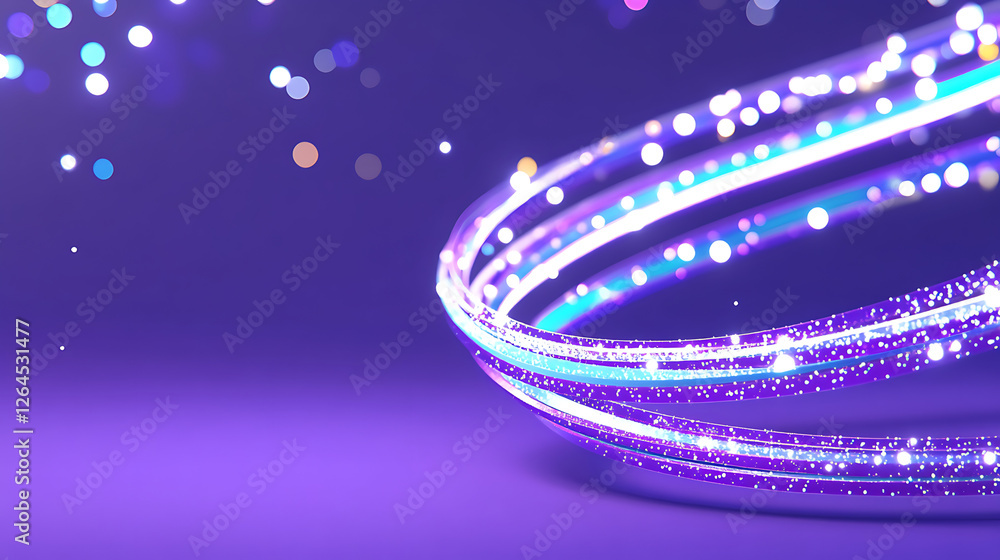 Poster luminous spirals of light on violet backdrop elegant futuristic design with glittering particles