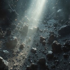 Ethereal Light Shining Through Dark Cosmic Landscape with Rocks