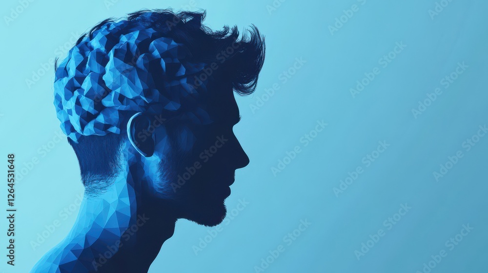 Poster man profile silhouette with abstract polygonal brain on blue background. artificial intelligence and