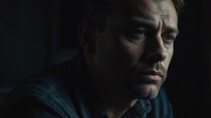 Fototapeta premium thoughtful man in a dark room with head down, Portrait of thoughtful sad man alone. prayer, Fear, sadness, abuse, depression, addiction. 