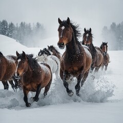 A herd of horses moving through deep snow against a white backdrop.