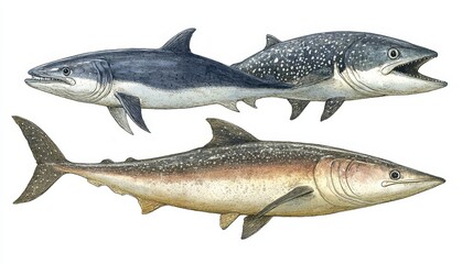 Obraz premium Ancient Extinct Sharks Detailed Watercolor Illustration Two Prehistoric Predator Species