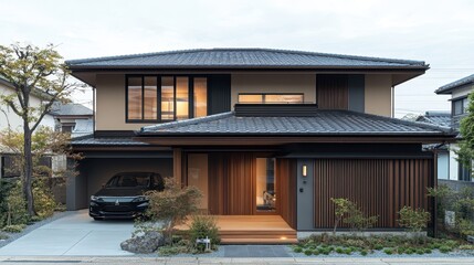 Fototapeta premium Modern japanese house exterior showcases clean lines and elegant design