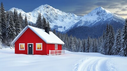 Fototapeta premium Serene Winter Cabin in Majestic Snowy Mountainscape Breathtaking Alpine Scenery