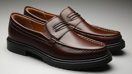 Elegant brown leather loafers displayed on a smooth surface, highlighting craftsmanship and style