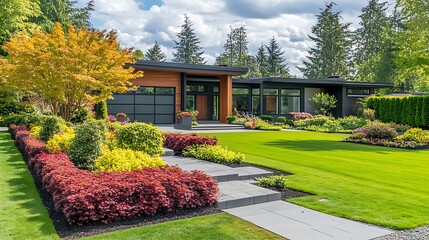 Fototapeta premium Modern house with landscaped yard, stone pathway, and lush greenery.