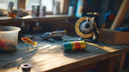 Obraz premium Fishing gear equipment on a wooden table