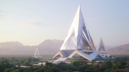 Obraz premium Futuristic Spear Tower in Orchard Landscape - Ultra-Detailed Space-Age Architecture with Reflective Panels | Cinematic Image