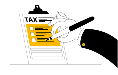 Hand filling out a tax form. Horizontal banner with an illustration on the topic of taxation. Simple cartoon style.