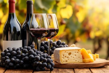 Red Wine Cheese Grapes Vineyard Sunset Scene