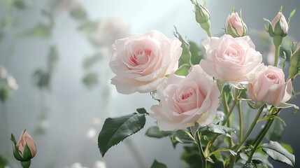 Delicate pink roses in soft focus, showcasing petals and greenery in a tranquil and romantic setting.