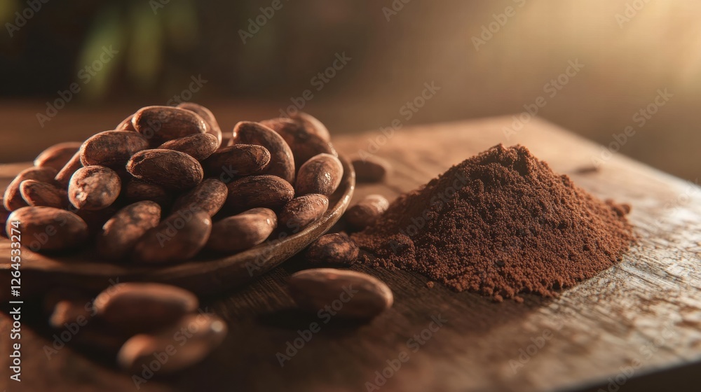 Poster cocoa beans and ground cocoa powder on wooden surface reflecting warm light in a natural setting dur