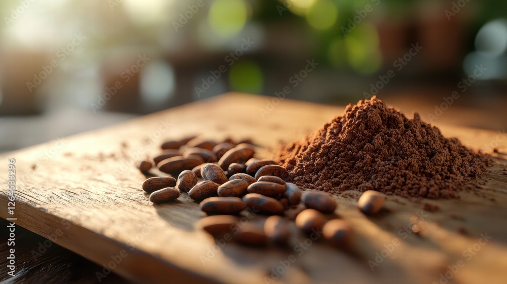 Poster cocoa powder and cocoa beans on wooden surface in a well lit setting showcasing food preparation. ge