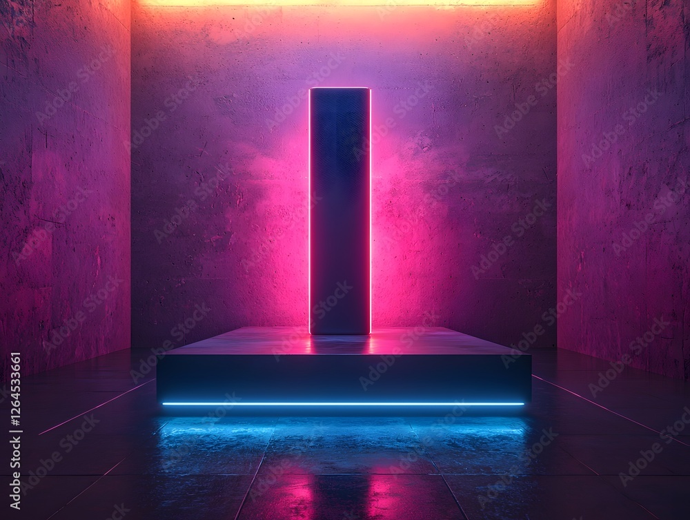 Poster sleek futuristic neon tower speaker with pulsating lights and floating led panels