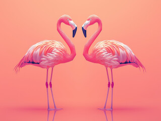 Fototapeta premium A Pair of Flamingos in a Perfect Mirrored Pose on a Soft Coral Pink Background.