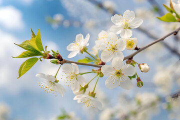 Closeup Of White Blossoms Against A Soft Cloudy Sky During Springtime,With