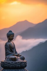 Buddha statue meditation at sunset with mountains in the background, serene landscape for mindfulness, spiritual wellness, and Zen practices.