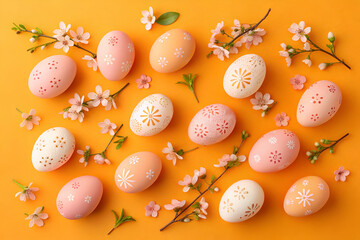 Easter Decorated Eggs With Floral Arrangement On Orange Backgrounds With Pastel