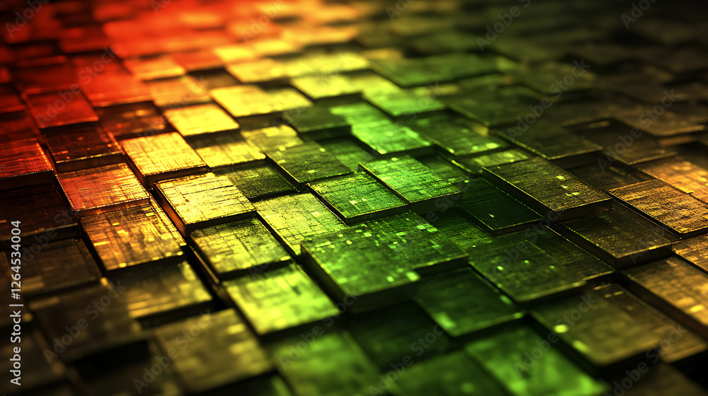 Poster metallic mosaic patterned surface with red orange green gradient and subtle texture on cubes array