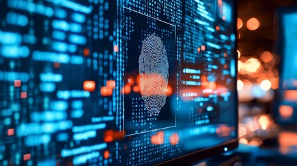Fingerprint cybersecurity digital code screen.