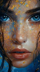 Oil painting of a woman with blue eyes featuring a fantasy themed face design and expression