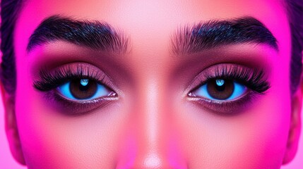 Obraz premium Eyebrow fashion thick enhancement concept. Captivating Close up of Thick Dark Eyebrows with a Striking Makeup Look and Vibrant Lighting