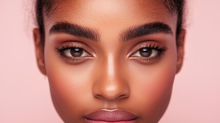 Fototapeta premium Eyebrow fashion thick enhancement concept. Captivating Feminine Portrait with Defined Eyebrows and Flawless Skin