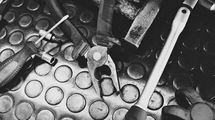 Black and white image of old frequently used hand tools on a workbench. Old tools for hand work...