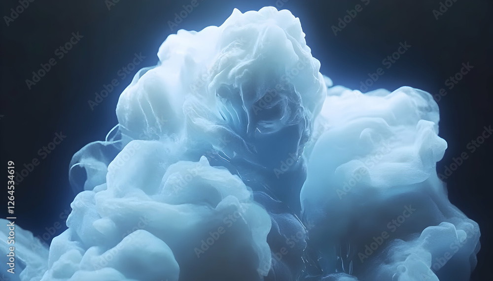 Poster abstract image of swirling blue ink in water, creating ethereal cloud-like formations against a dark