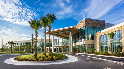 Modern Architectural Design of Bright Commercial Building with Palm Trees and Blue Sky