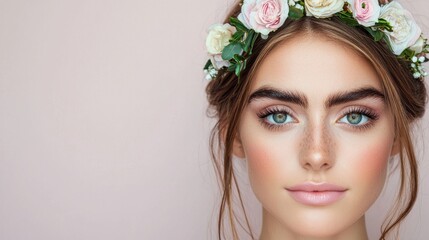Naklejka premium Eyebrow fashion thick enhancement concept. Ethereal Beauty Adorned with Floral Crown Serene Feminine Portrait