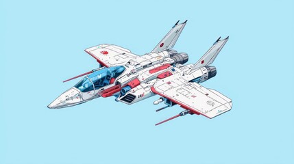 Pixel Art Fighter Jet In Flight Against Blue Background