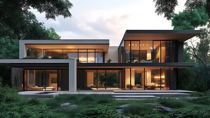 Modern luxury home nestled in lush greenery at dusk.
