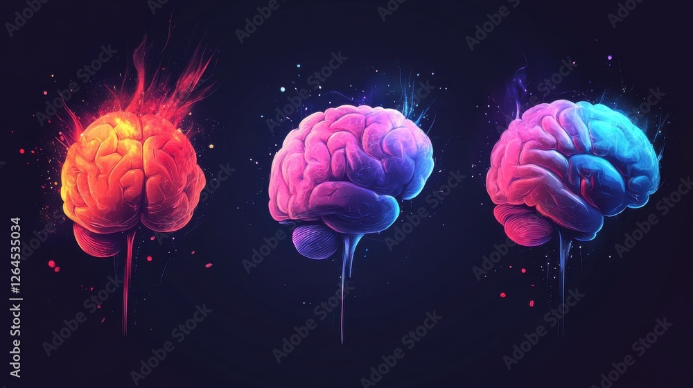 Poster brain activity abstract concept vector illustration set. thinking and imagination, problem solving, 