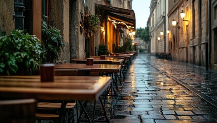Fototapeta premium Rainy Evening at a Charming European Street Cafe