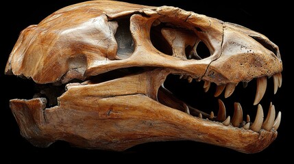 Detailed view of a large animal skull showcasing intricate bone structure against a black backdrop