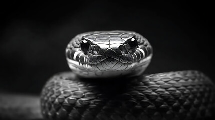 Obraz premium Monochrome Serpent Head Stare Coiled Up Close Wildlife Reptile Scales Reptilian Predator Eyes Wild Animal