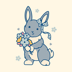Coquette rabbit standing with a bouquet of spring flowers. Pastel tone vector illustration. Heartwarming design for Easter decor, seasonal greeting cards, stickers, prints, baby holiday projects