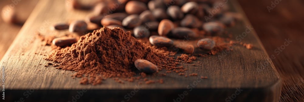 Poster rich cocoa powder and cocoa beans arranged on a wooden board in a warm kitchen setting during the af