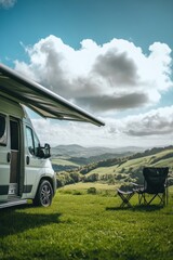 Camper Van Adventure in Scenic Landscape with Relaxing Outdoor Chairs and Dramatic Clouds Over Rolling Hills