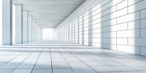 Fototapeta premium Modern White Building with Long Stone Columns and Light Shadows on a Spacious Light-Toned Floor in Sunlight