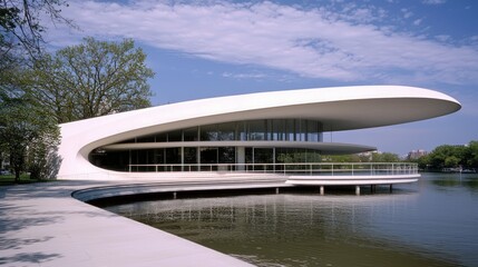 Fototapeta premium Futuristic Swan-Shaped Waterfront Pavilion with Observation Decks | Ultra-Detailed Space-Age Architecture