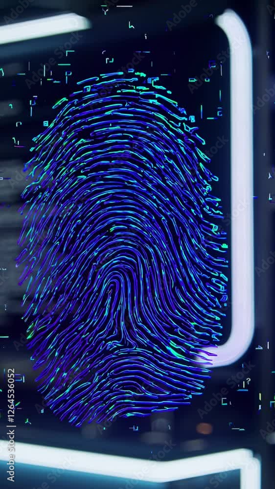 Fototapete digital fingerprint scan with a pixelated neon glow.