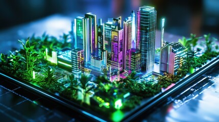 Futuristic neon cityscape on a digital platform with surrounding greenery
