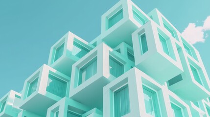 Fototapeta premium Futuristic Cubic Cluster of Living Modules in Pastel Turquoise - Ultra-Detailed Space-Age Architecture Cinematic Image