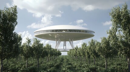 Futuristic Disc-Shaped Roof Structure in Orchard Farmland