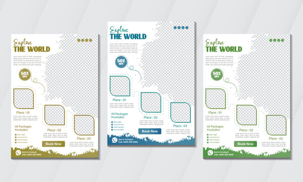 Explore the World Travel Flyer Web Banner Leaflet Poster Brochure. Summer beach holiday Social Media Promotional Ads Design for Travel Agency or company template with mockup layout.  