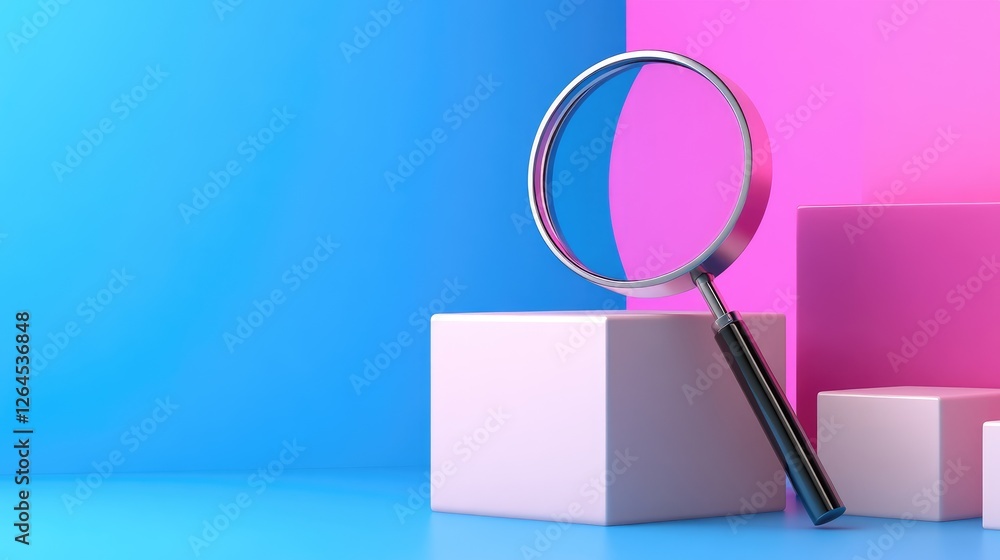 Poster Exploring visual depth with a magnifying glass on colorful blocks studio setup graphic design minimalist viewpoint